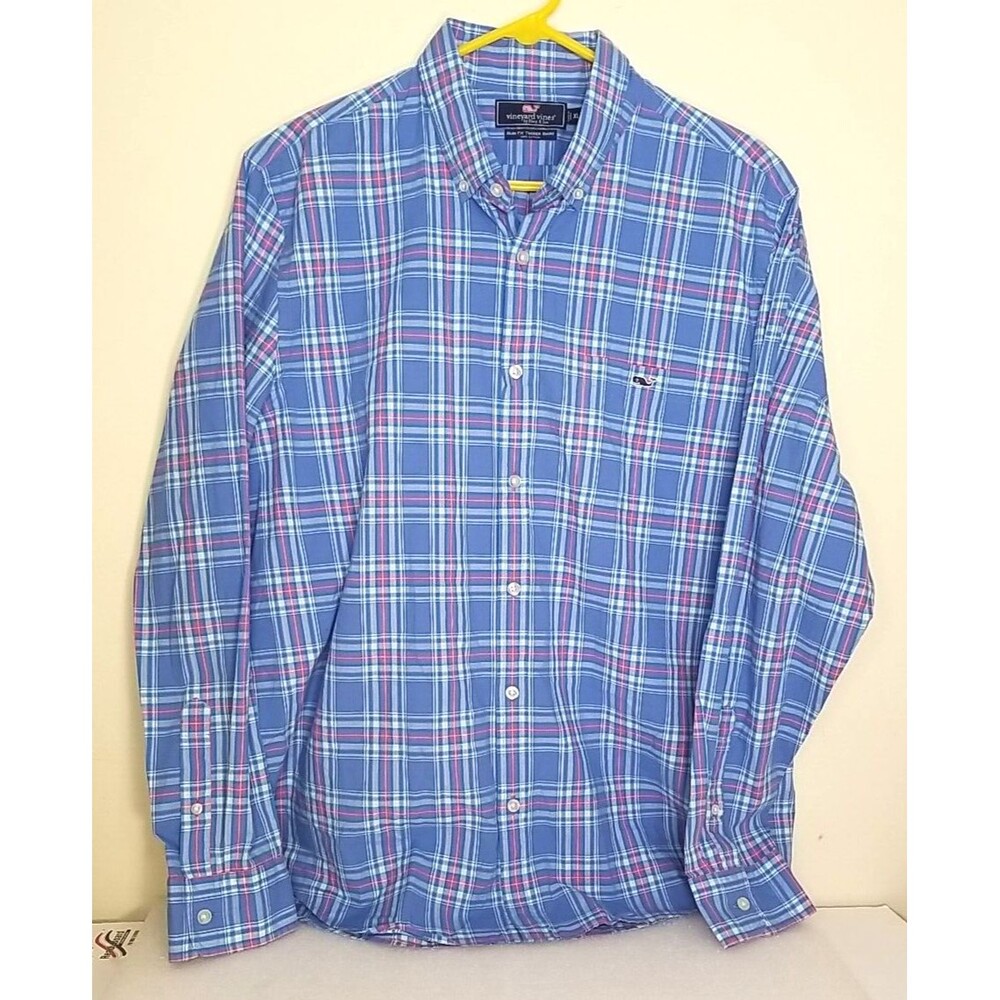 Vineyard Vines Slim Fit Tucker Shirt Button Plaid 100% Cotton Blue XL   B2